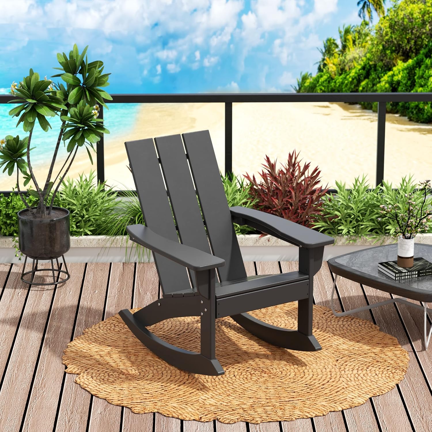 HDPE Shoreside Modern Rocking Poly Adirondack Chair,Gray
