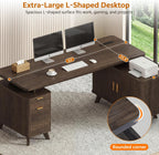 Farmhouse L Shaped Executive Desk with Drawers & Sliding Doors Fluted Storage Cabinet, 63" Corner Computer Desk with Power Outlets (4 AC & USB/Type-C), Reversible Home Office Desk, Brown