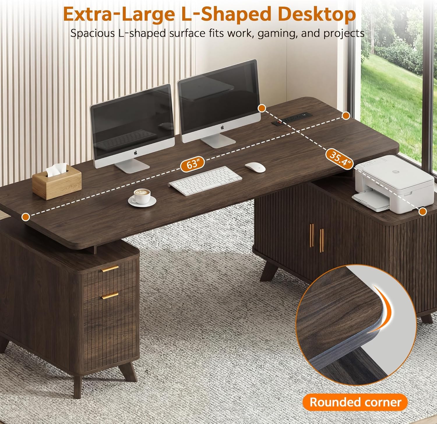Farmhouse L Shaped Executive Desk with Drawers & Sliding Doors Fluted Storage Cabinet, 63" Corner Computer Desk with Power Outlets (4 AC & USB/Type-C), Reversible Home Office Desk, Brown