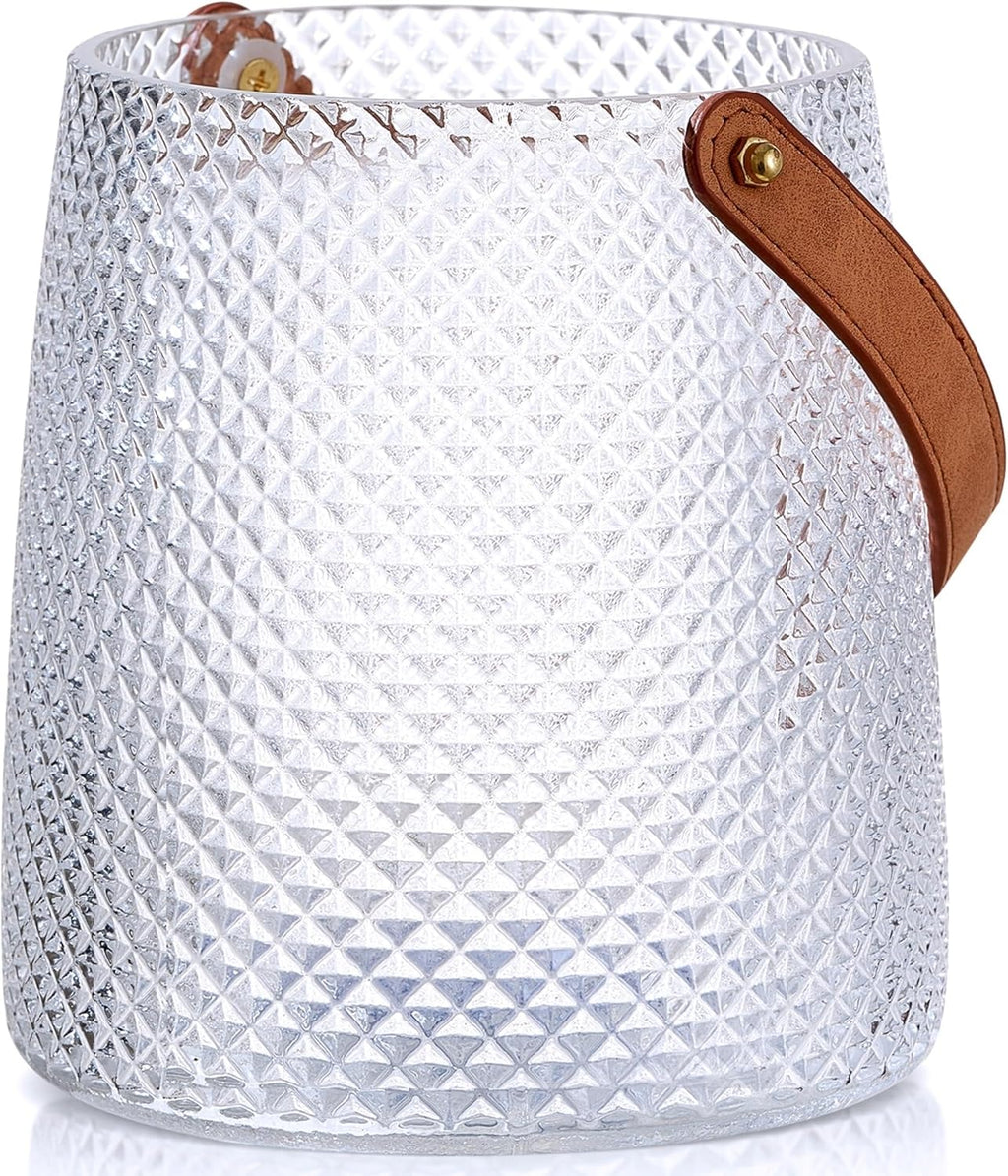 Nordic Handcrafted Crystal Glass Vase with Vegan Leather Handle – Diamond Textured Flower Vase – Modern Decorative Centerpiece for Dining Table, Wedding & Luxury Home Decor