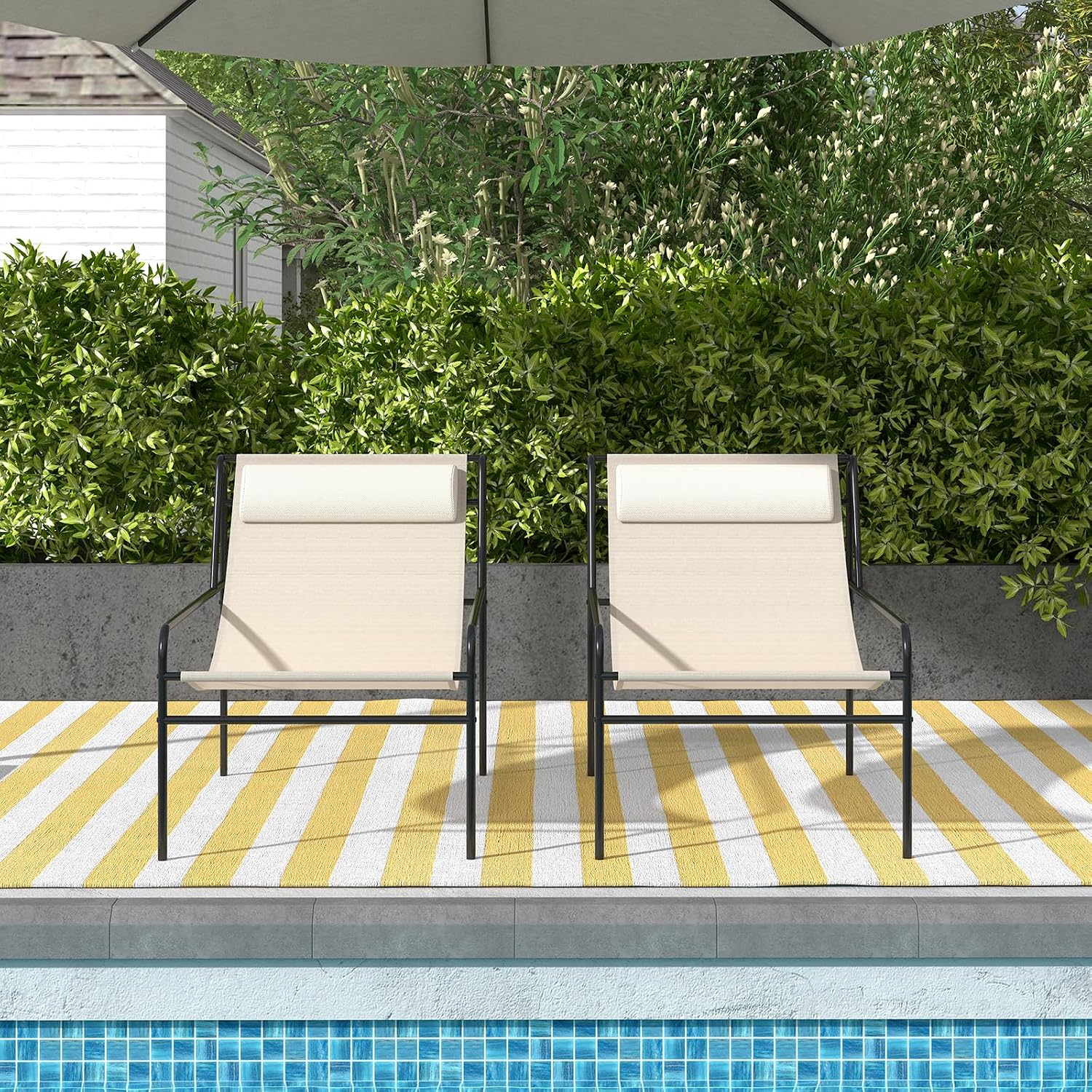 Giantex Patio Sling Lounge Chair Set of 2, Modern Sling Accent Chair with Removable Headrest Pillow, Heavy-Duty Metal Frame, Breathable Seat Fabric, Leisure Chair for Indoor Outdoor, 350 lbs Max Load