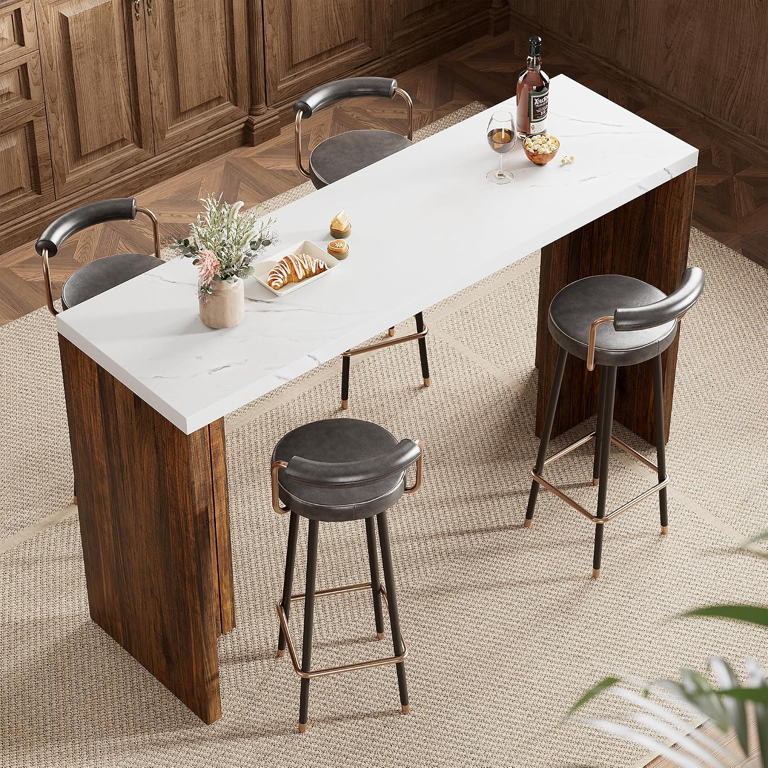 Bar Table for 4-6 People - 55” Long Counter Height Pub with Extra Thickened Tabletop, Modern Rectangular Home Bar Coffee Unit for Kitchen, Dining Room, Balcony, Living Room, Basement, White+Walnut