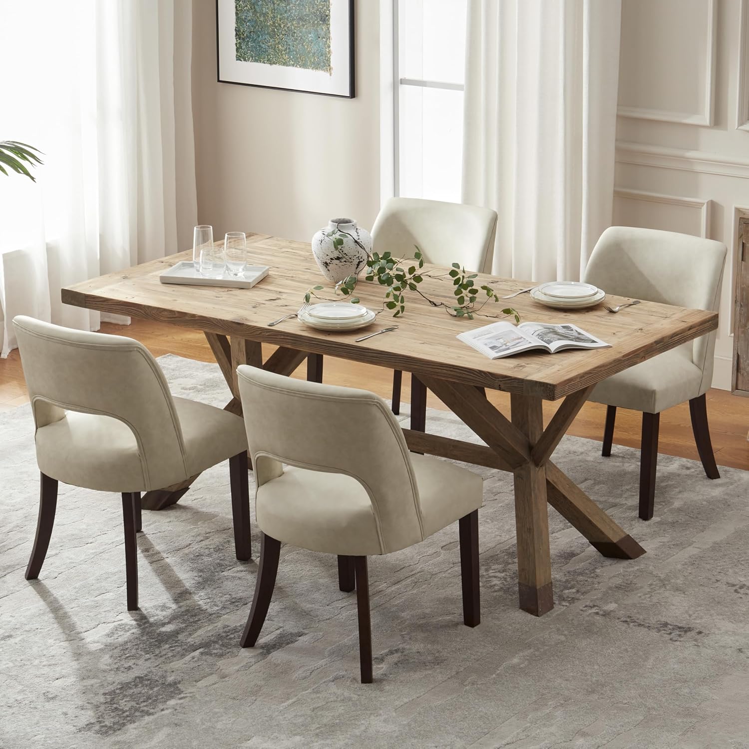 VKNOW Modern Dining Chairs Set of 4, Faux Leather Upholstered Dining Room Chair Kitchen Chairs, Farmhouse Dinner Chair for Kitchen Dining Room, Beige