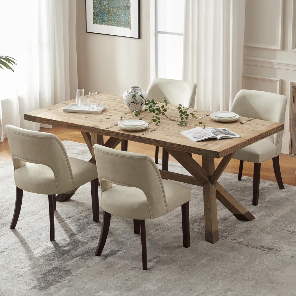 VKNOW Modern Dining Chairs Set of 2, Faux Leather Upholstered Dining Room Chair Kitchen Chairs, Farmhouse Dinner Chair for Kitchen Dining Room, Beige