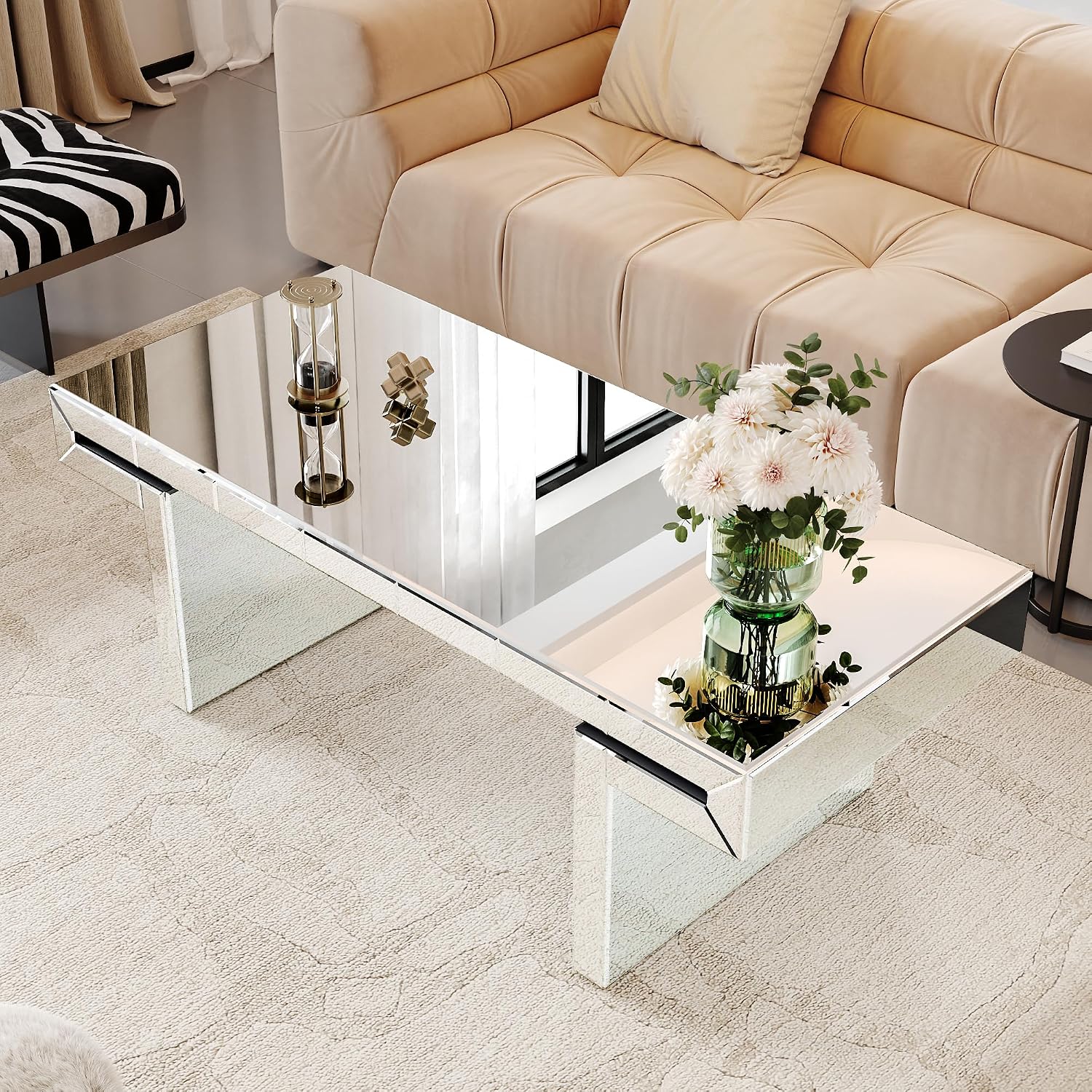47 Inches Luxury Rectangular Mirror Coffee Table with Tempered Glass, Sofa Side Table, Easy 2 Step Assembly, Light Luxury Style, Reinforced Packaging