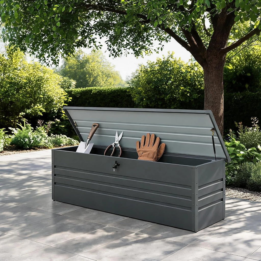 Multi-Purpose 260 Gallon Patio Storage Bench, Carbon Black Metal Storage Box with for Cushions, Garden Tools, Pool Supplies & Patio Use