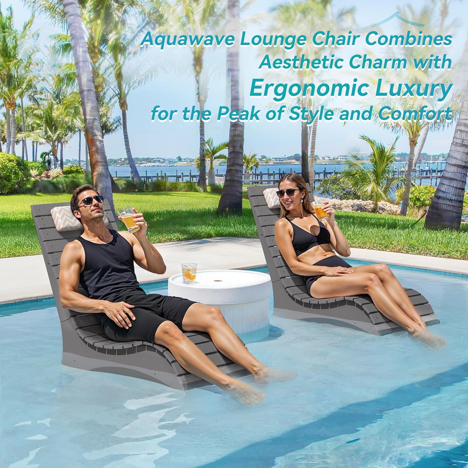 HDPS Pool Lounge Chairs Set of 2, Use in Pools Lounge Chairs up to 10-Inches of Water, Chaise Chairs with Headrest, Lounge Chair Outdoor, Fade-Resistant Pool Lounger for Deck