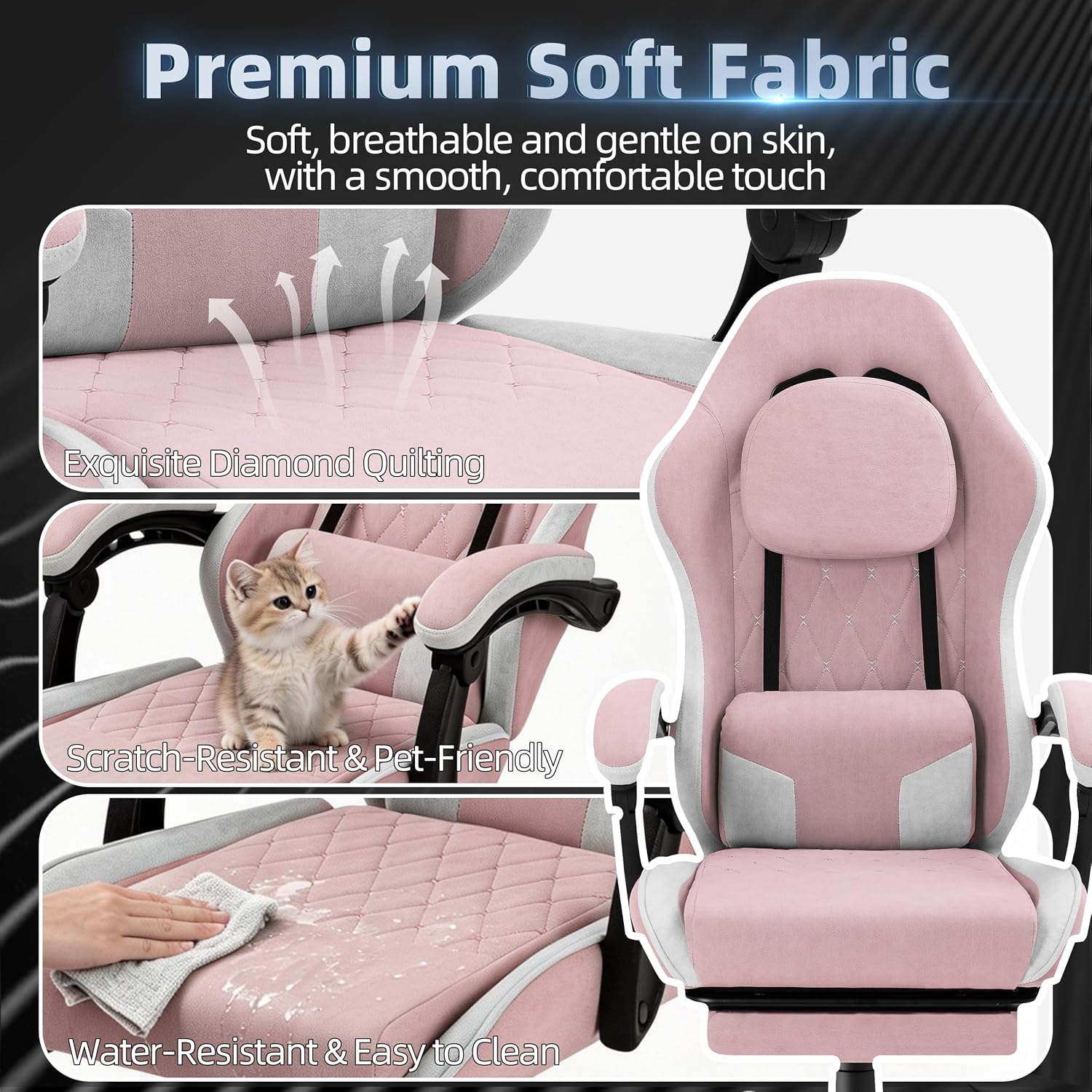 Gaming Chair for Adults, Fabric Gaming Chair with Footrest and Pocket Spring Cushion, Ergonomic Gamer Chair with Lumbar Support, Reclining Computer Gaming Chair with High Back, Pink