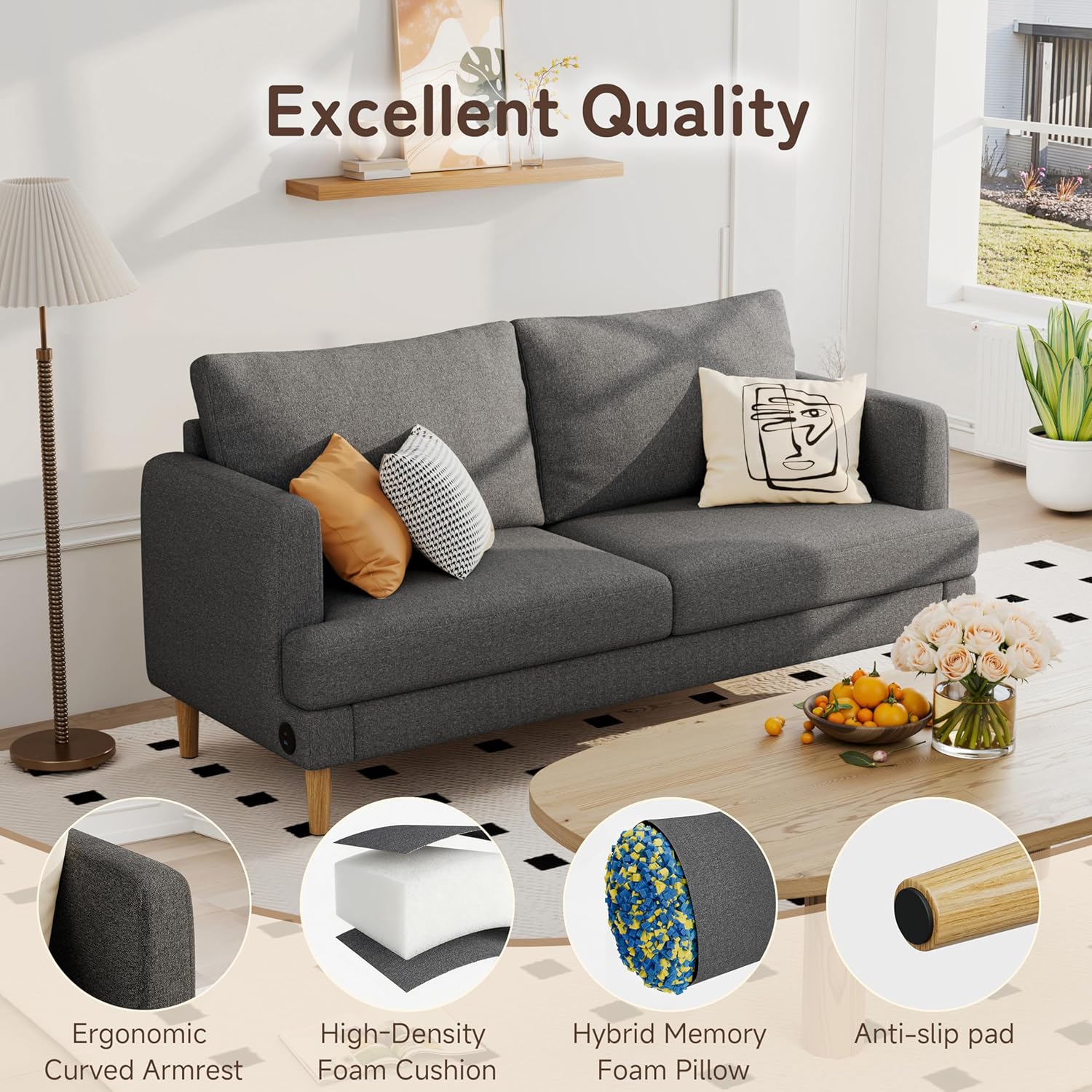 70" Modern Loveseat Sofa with USB Type-C Ports, Linen Fabric 2-Seater Deep Seat Couch, Cozy Small Couch Sofa for Living Room Bedroom Office Apartment (Dark Grey)
