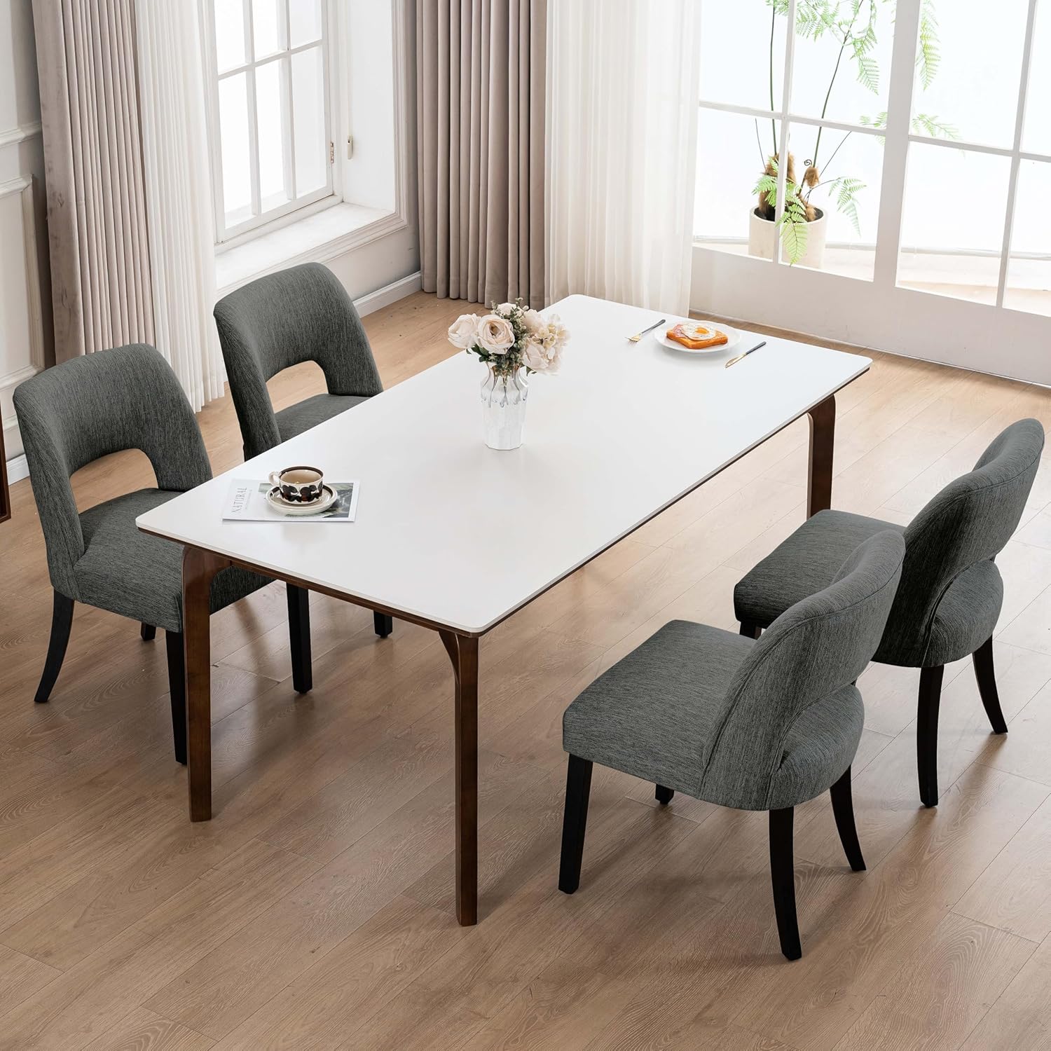 VKNOW Wooden Dining Chairs Set of 4, Modern Fabric Upholstered Dining Room Chair Kitchen Chairs, Farmhouse Dinner Chair for Kitchen Dining Room, Dark Grey-Black Legs
