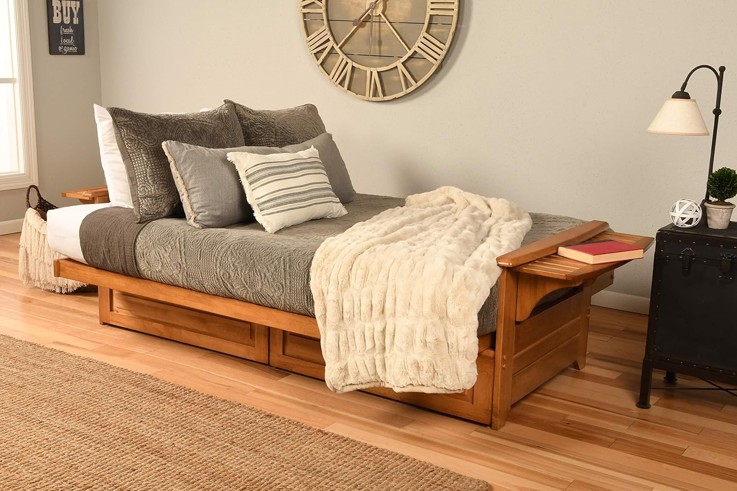 Kodiak Furniture Phoenix Full Size Futon in Butternut Finish with Storage Drawers, Linen Charcoal