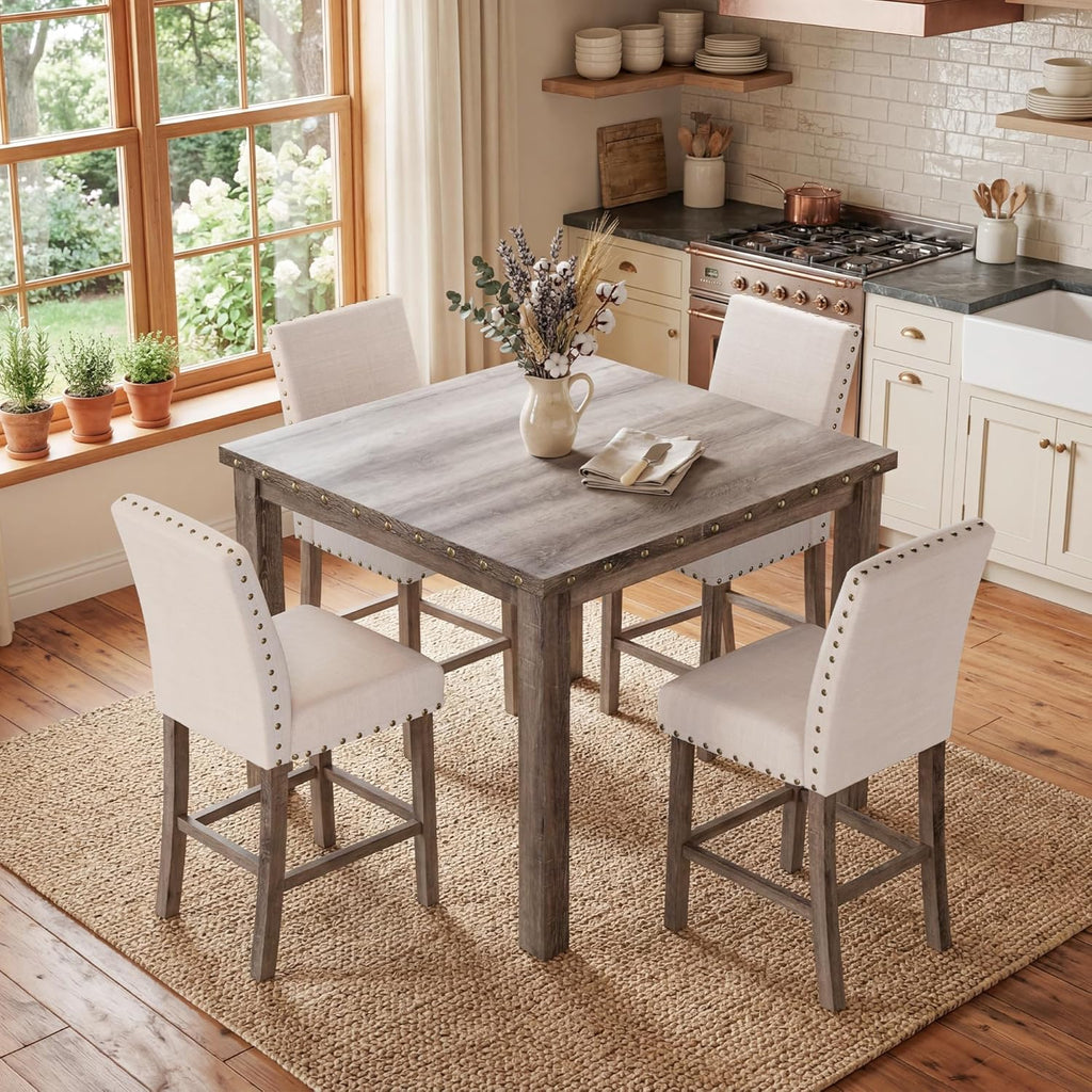 Counter Height Dining Table Set for 4,Farmhouse Dining Table Set for 4,Square Bar Kitchen Dining Table with 4 Bar Stools,High Dining Table and Chairs for Dining Room, Kitchen