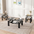 3 Piece Living Room Table Set, Glass Coffee Table and End Table Set of 3, Coffee Table Set with Tempered Glass & Metal Legs for Livingroom Table, Bedroom Nightstand. (Style 1, Black Glass+Black Leg)