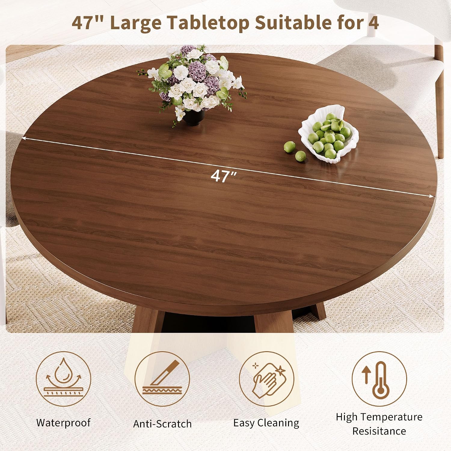 iPormis 47-Inch Round Dining Table for 4-6 People, Modern Wooden Kitchen Table for Dining Room, Farmhouse Circle Dinner Tables Furniture for Kitchen Living Room, Walnut Brown