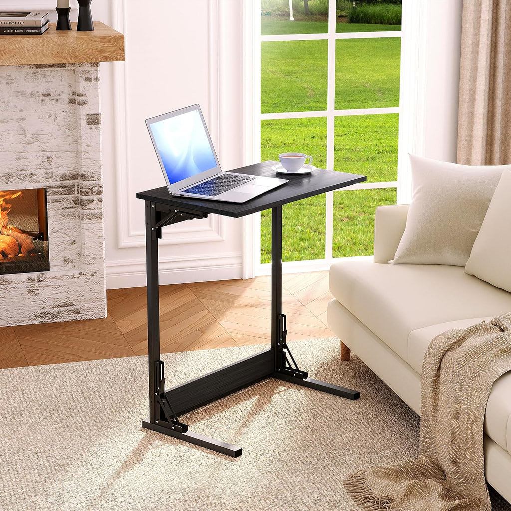 HOMPUS C Shaped End Table, 23.6'' Small TV Tray Side Table for Couch, Tall Sofa Table with Antirust Metal Frame, Folding Desk Snack Table for Sofa, Living Room, Recliner, Fully Assembled, Black