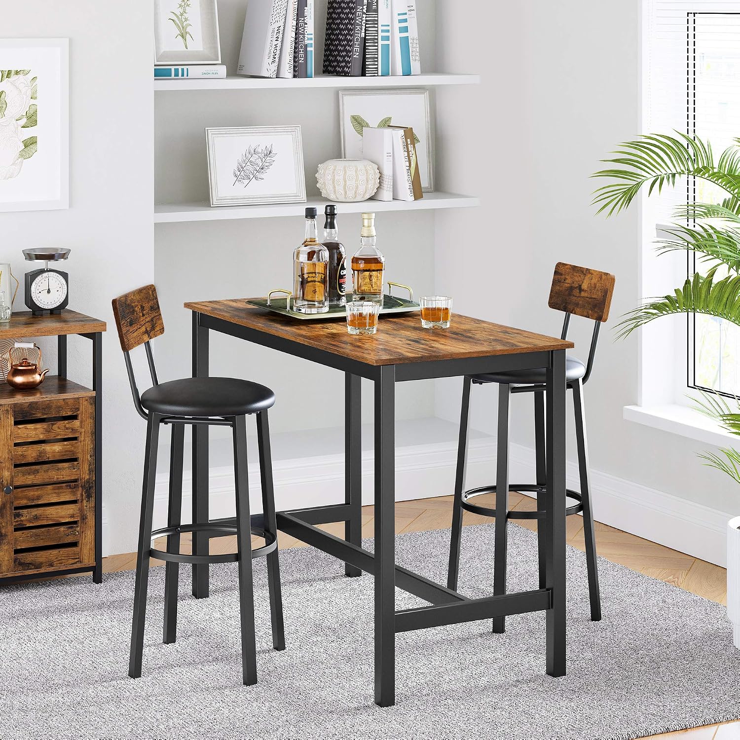 VASAGLE Bar Table with Sturdy Metal Frame, Easy Assembly, Industrial Design & Bar Stools, Set of 2 PU Upholstered Breakfast Stools