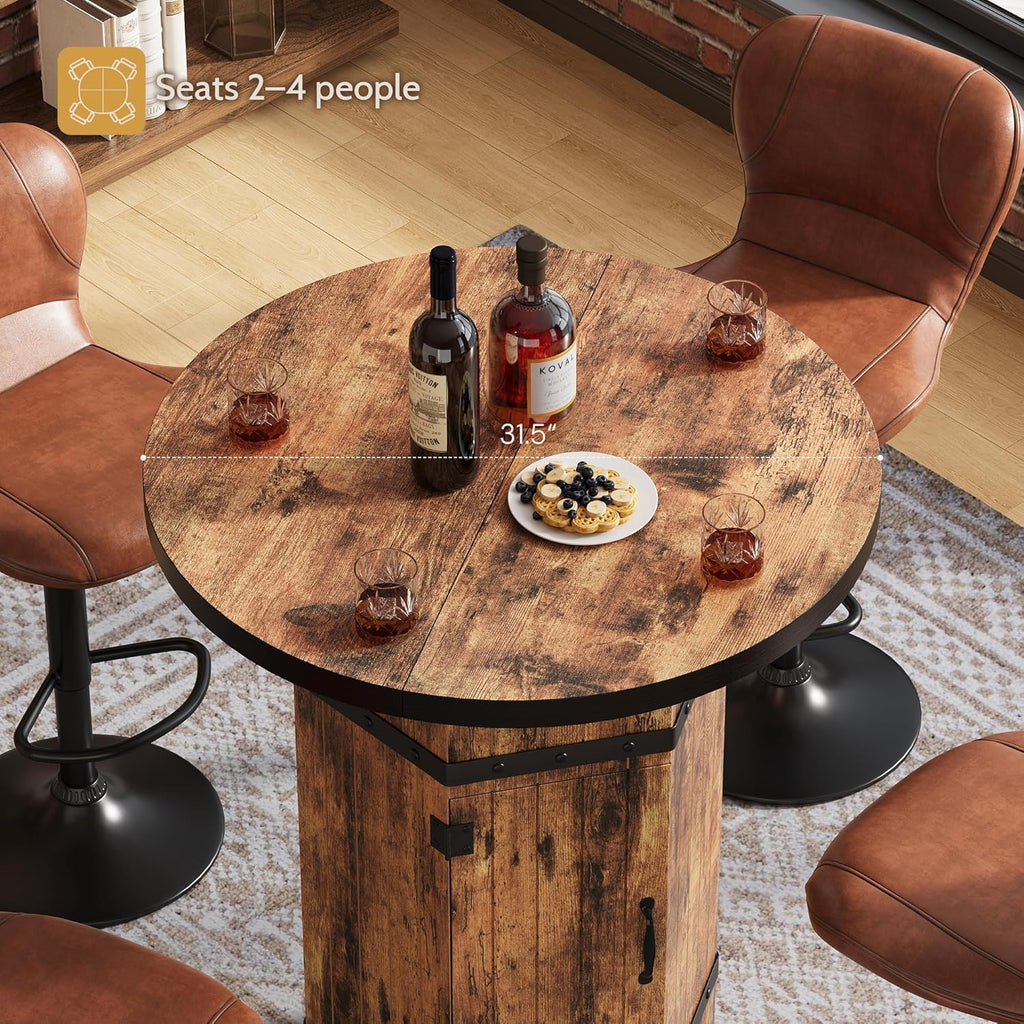Round Bar Table with Hidden Storage, 39.4" H Bar Height Pub Table with Sturdy Barrel-Inspired Base, Rustic Industrial Bistro Cocktail Table for Pub, Kitchen, Home Bar, Apartment (Table Only)