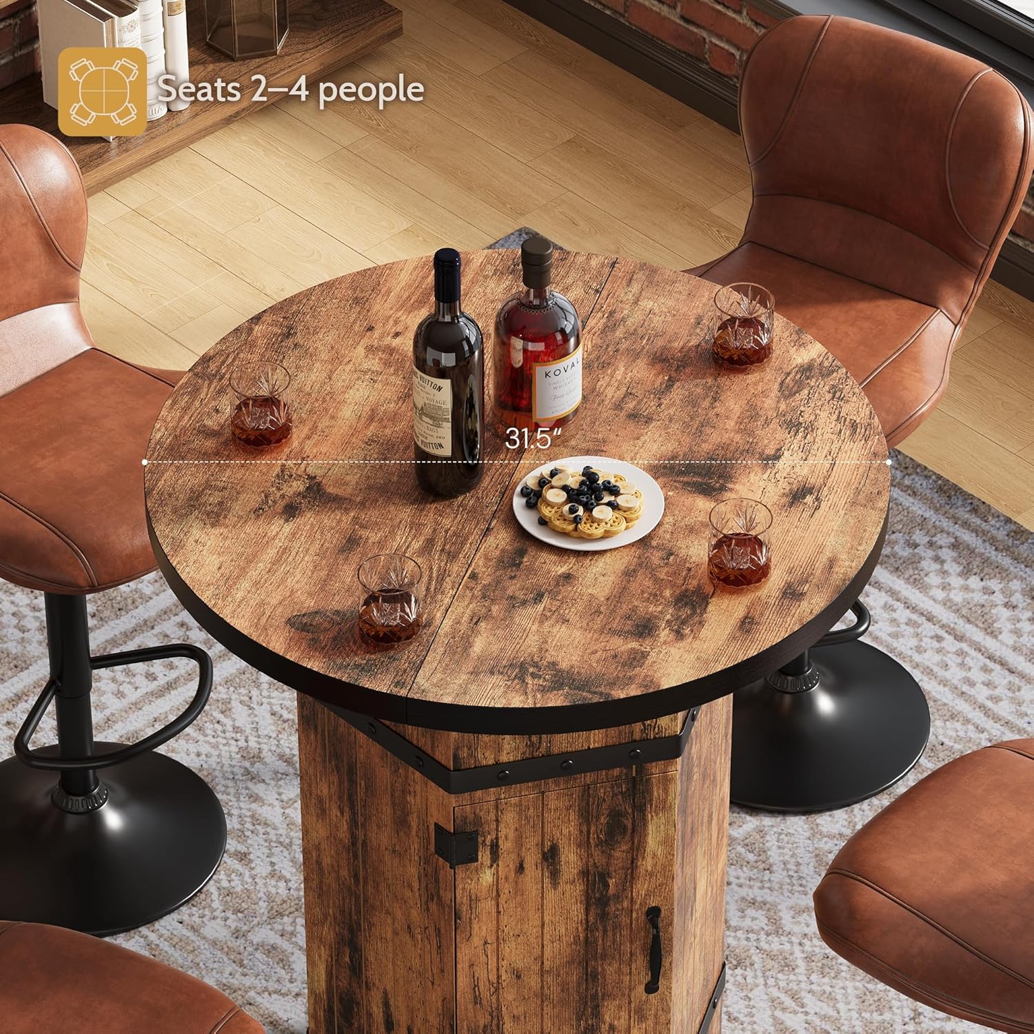 Round Bar Table with Hidden Storage, 39.4" H Bar Height Pub Table with Sturdy Barrel-Inspired Base, Rustic Industrial Bistro Cocktail Table for Pub, Kitchen, Home Bar, Apartment (Table Only)
