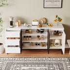Freestanding Storage Cabinet with 3 Dawers, 3 Shelves, Single Door & French Door, Rectangular Wood Kitchen Pantry, Modern Minimalist, for Living Room, Dining Room, White