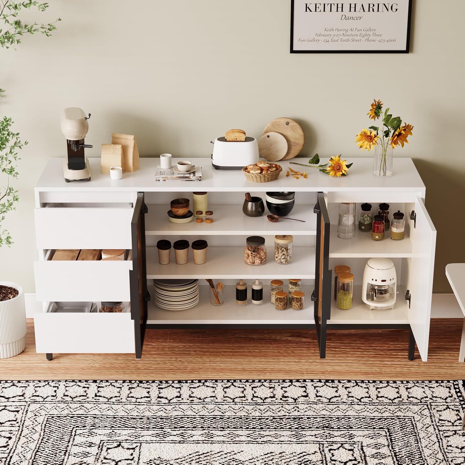 Freestanding Storage Cabinet with 3 Dawers, 3 Shelves, Single Door & French Door, Rectangular Wood Kitchen Pantry, Modern Minimalist, for Living Room, Dining Room, White
