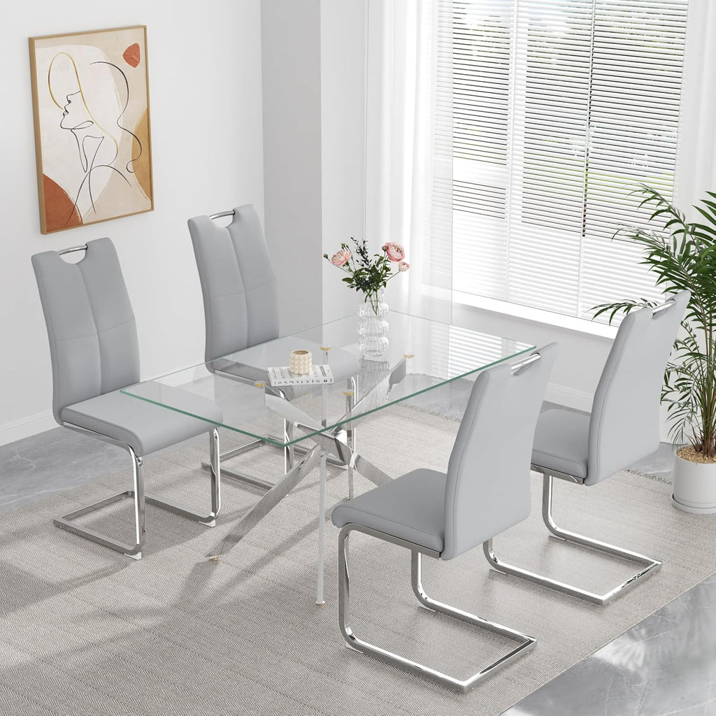 yeag Modern Dining Chairs Set of 4, High Back Kitchen and Kitchen Room Chairs with Silver Metal Chrome Legs and Upholstered PU Faux Leather Seat, Accent Side Chair for Home,Living Room, Gray
