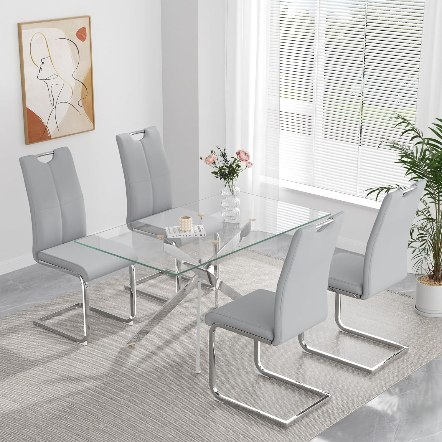 yeag Modern Dining Chairs Set of 4, High Back Kitchen and Kitchen Room Chairs with Silver Metal Chrome Legs and Upholstered PU Faux Leather Seat, Accent Side Chair for Home,Living Room, Gray