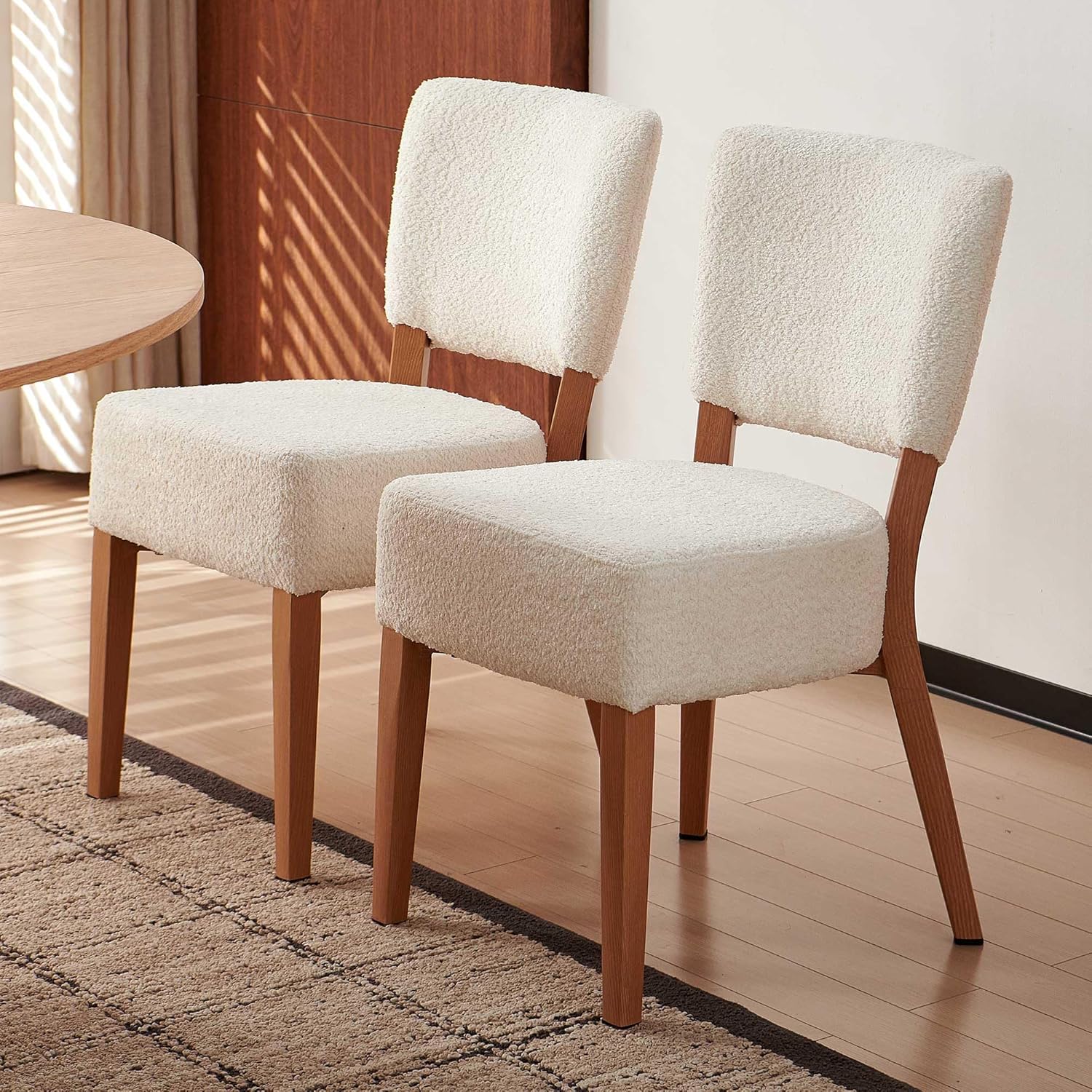 Stackable Dining Chairs Set of 2, Modern Fabric Upholstered Kitchen Side Chairs, Mid Century Modern Dining Room Chair with Oak Wood Grain Color Metal Legs for Small Spaces, White