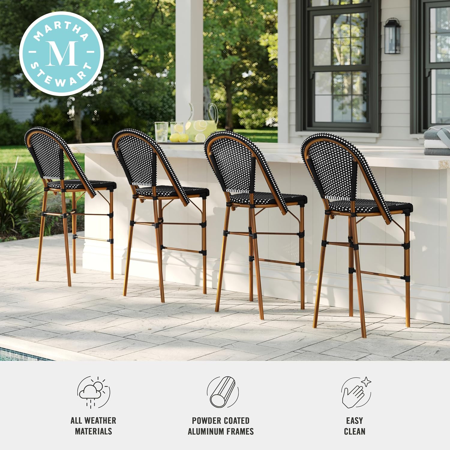 Martha Stewart Lily Pond Indoor-Outdoor Stackable Bar Stools with Natural Woodgrain Aluminum Frame Finish, Black/White Woven Rattan Backrests and Seats, Set of 2