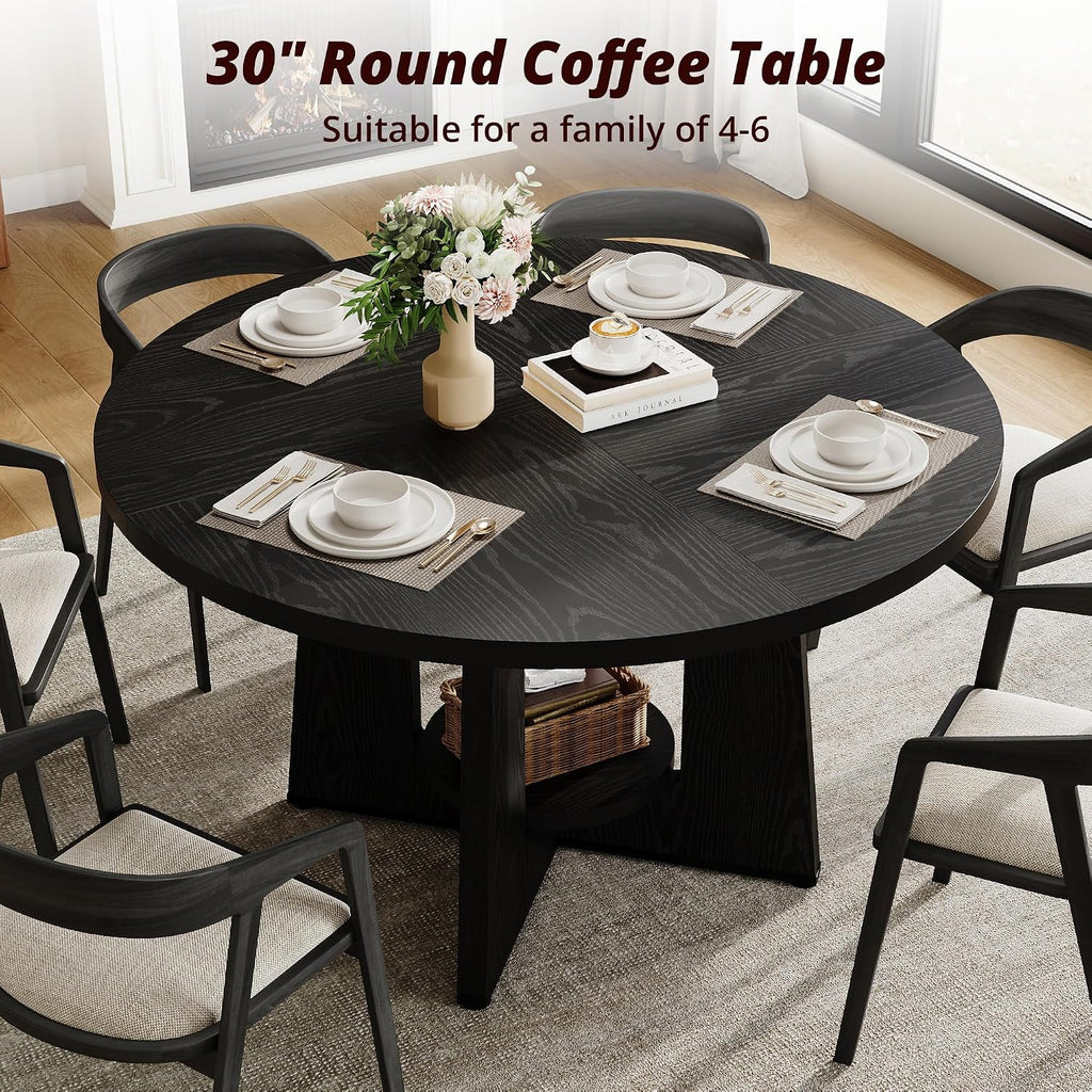 Black Round Dining Table for 4-6, 47 Inch Black Kitchen Table with Storage Shelf & Wood Pedestal Base, Modern Circle Dining Room Table for Small Apartment, Home Office, Living Room