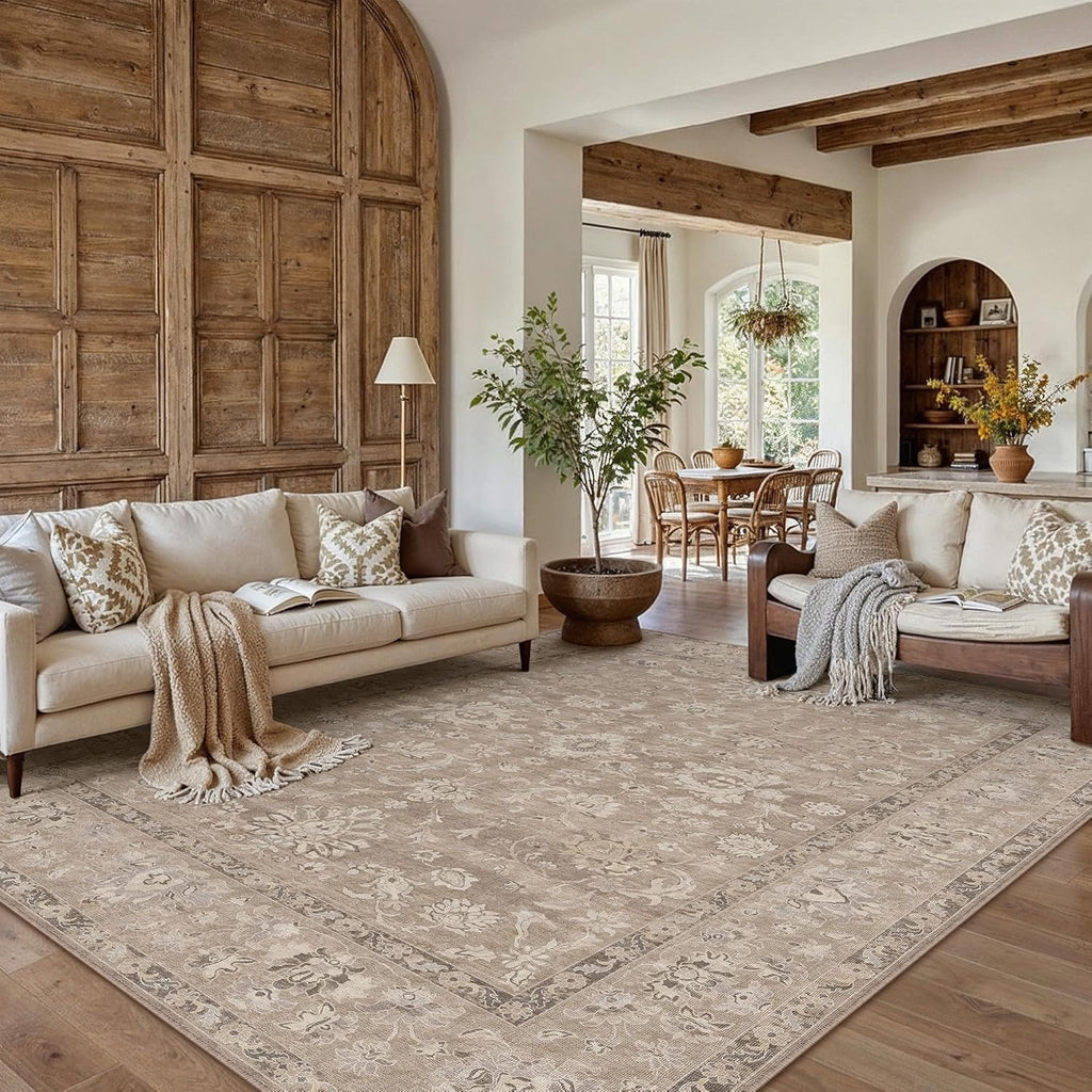 HUGEAR 8x10 Washable Vintage Area Rug Light Brown Neutral Distressed Low Pile Non Slip Soft Carpet Indoor Large Throw Rug for Living Room Bedroom Dining Room Home Office