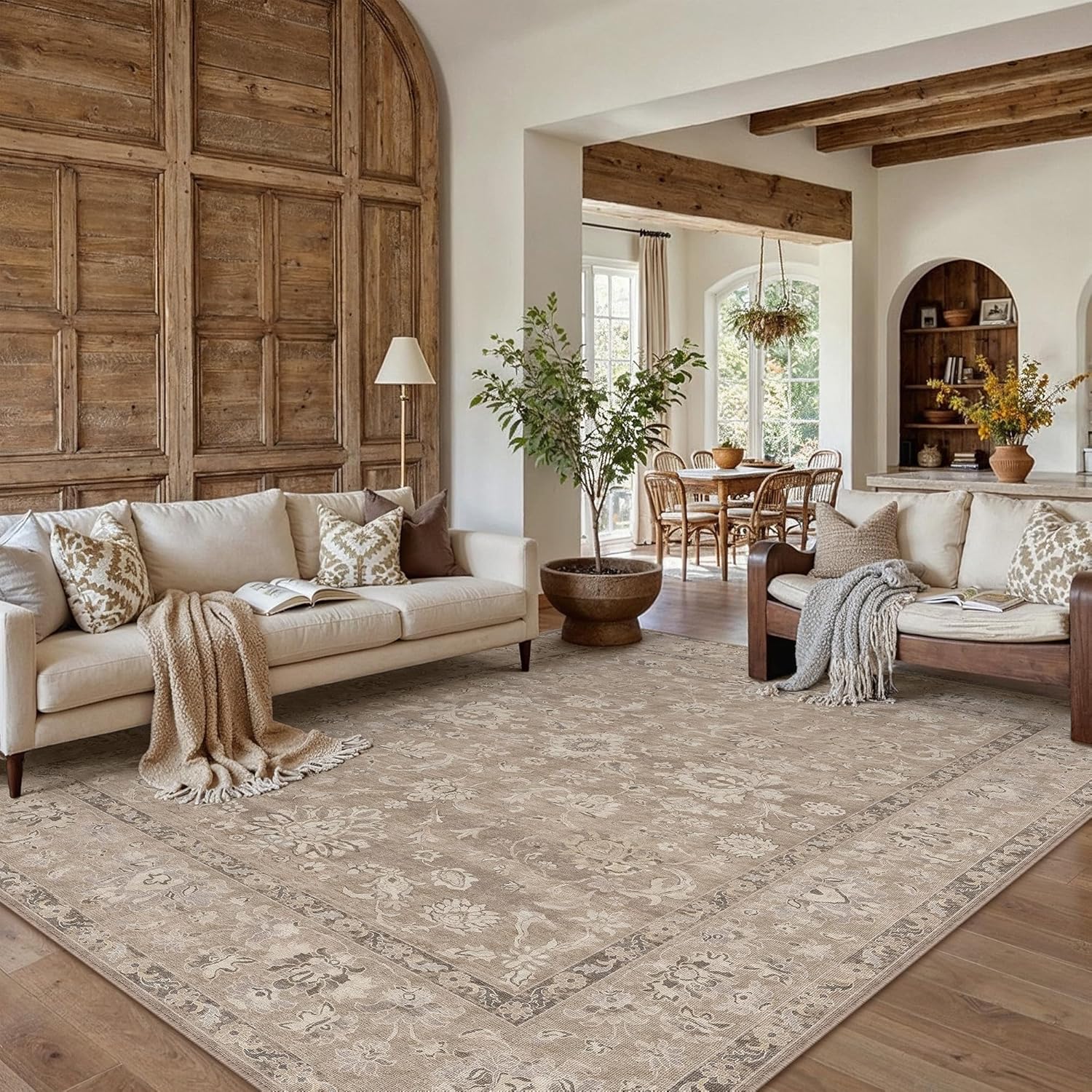 HUGEAR 8x10 Washable Vintage Area Rug Light Brown Neutral Distressed Low Pile Non Slip Soft Carpet Indoor Large Throw Rug for Living Room Bedroom Dining Room Home Office