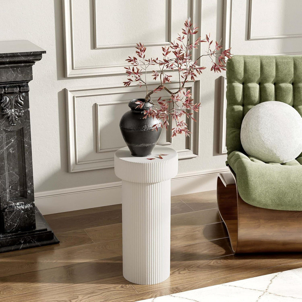 ø11.75'' Faux Stone Side Table Round End Table for Living Room, Modern Contemporary Pedestal Plant Stand, MGO Lightweight Concrete Material for Outdoor & Indoor, No Assembly, White