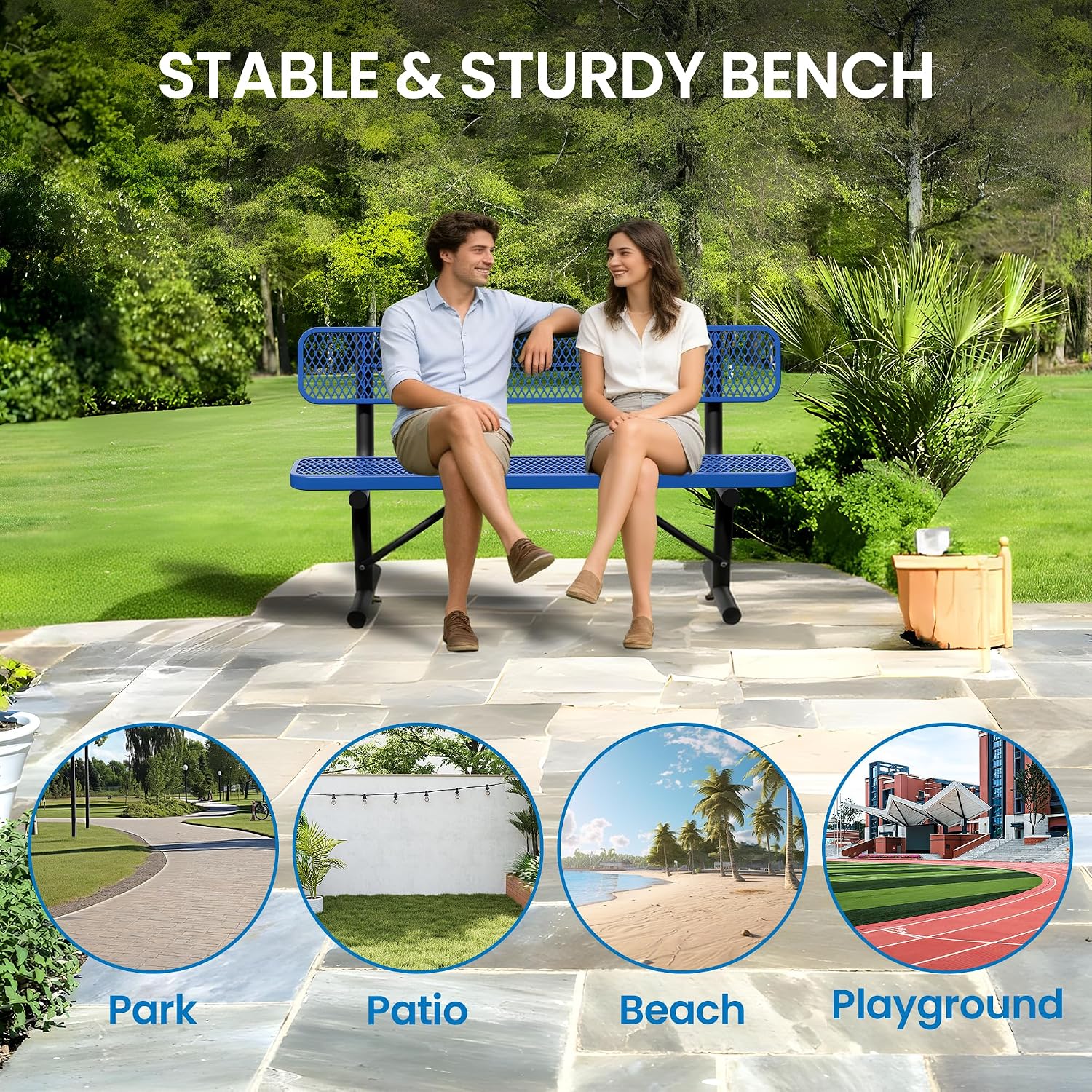 6 Feet Steel Park Bench for Outside, Outdoor Bench with Backrest & Portable Frame, Commercial Benches for Shopping Malls, Stores, Parks, Patios, Decks, Dark Blue