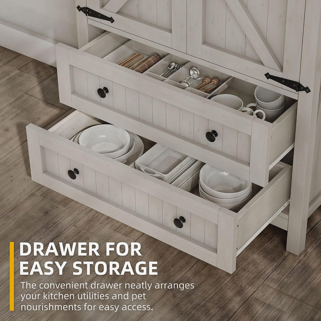 DWVO 64.5" H Kitchen Pantry Cabinet, Storage Cabinet with Barn Doors, 2 Drawers and Adjustable Shelves, Farmhouse Cupboard for Dining Room, Living Room, Bathroom, Off White