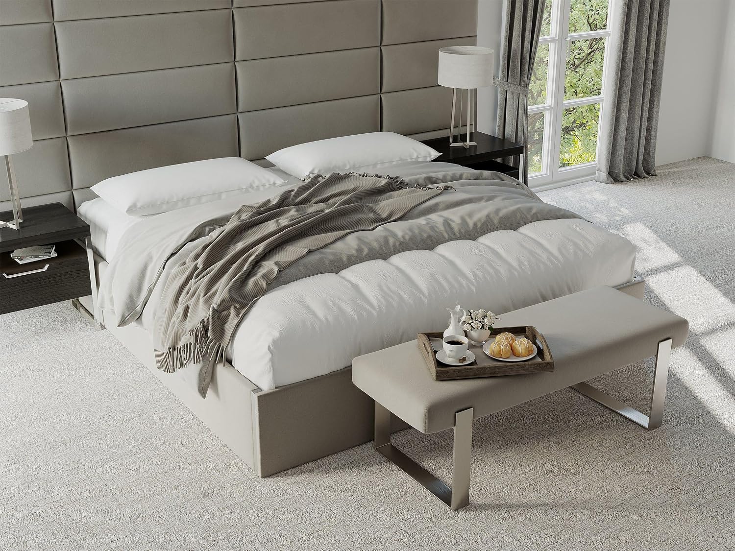 VANT Upholstered Bed Bench - Micro Suede Charcoal Grey - Matte Black - Contemporary Modern, Bedroom Bench Seat, Hallway, or Entryway