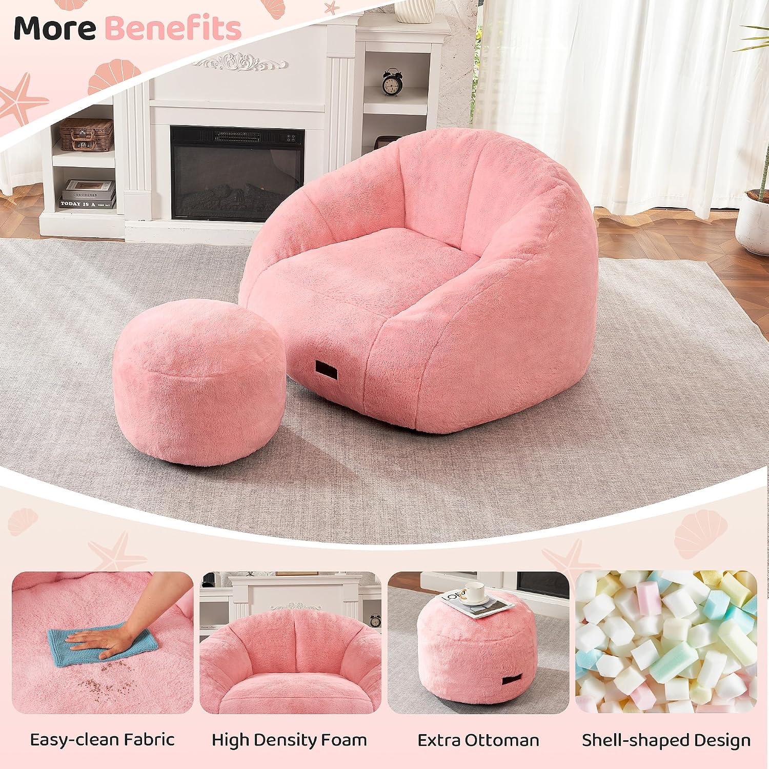 HABUTWAY Bean Bag Chair, Giant Bean Bag Chairs for Adults with Ottoman, Comfy Faux Fur Shell-Shaped Bean Bag Couch, Sofa Chair for Living Room, Bedroom, Pink
