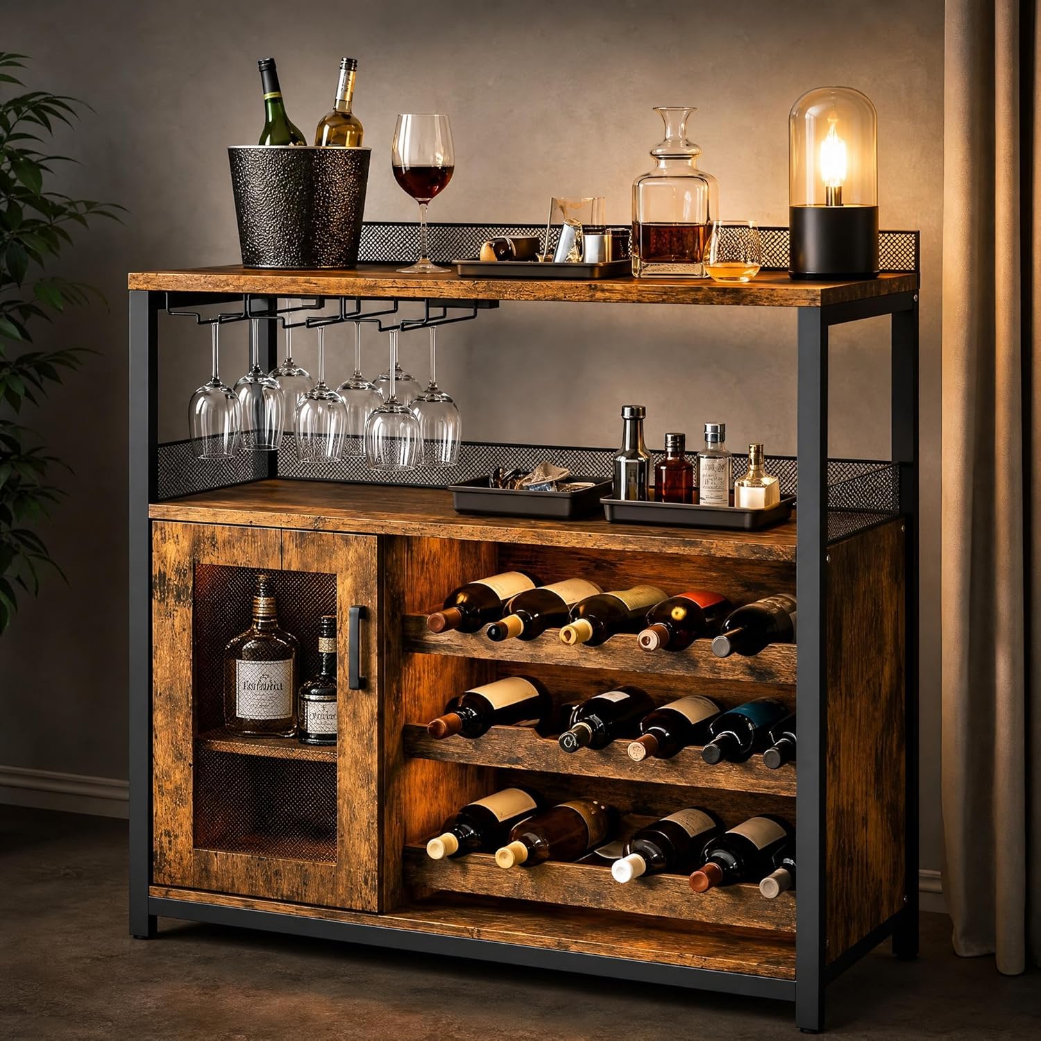 Wine Bar Cabinet with LED light, 3-Tier Removable wine rack cabinet glass holder, Mesh door adjustable shelf display cabinet bar, Waterproof metal frame buffet cabinet with storage bar cabinet, Retro