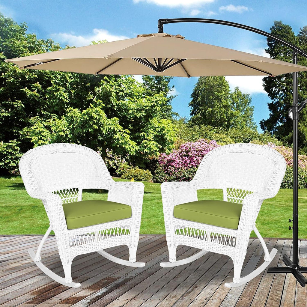 Jeco Rocker Wicker Chair with Green Cushion, Set of 2, White