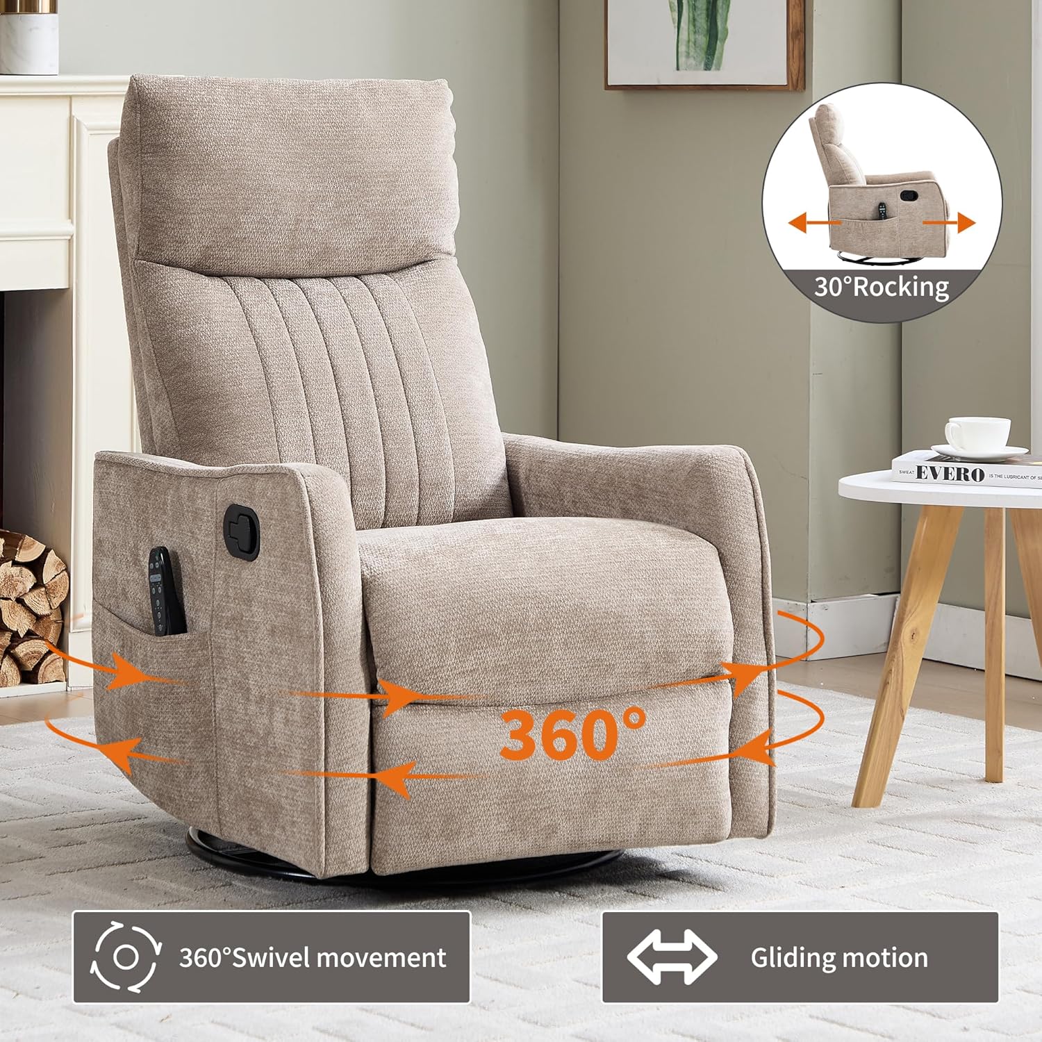 Swivel Rocker Recliner Chair, Nursery Rocking Chair with Heat and Massage, Glider Reclining Chair for Living Room Small Space Bedroom, Chenille Khaki