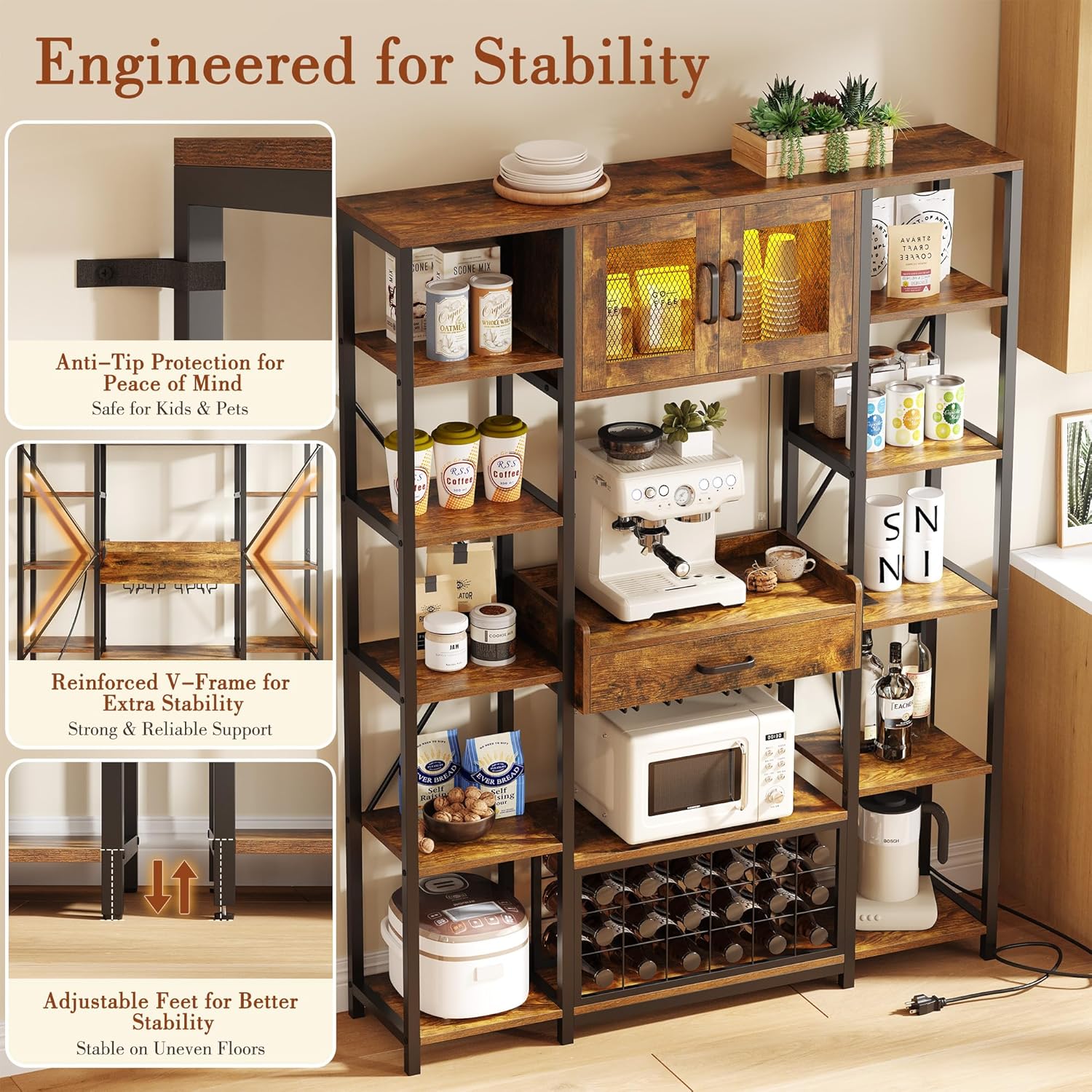 kepptory 65.35" Industrial Bakers Rack with Power Outlet & LED Light, Large Coffee Bar Cabinet with Drawer & Storage Cabinet, 5-Tier Microwave Stand with Glass Holder & Wine Rack, Rustic Brown