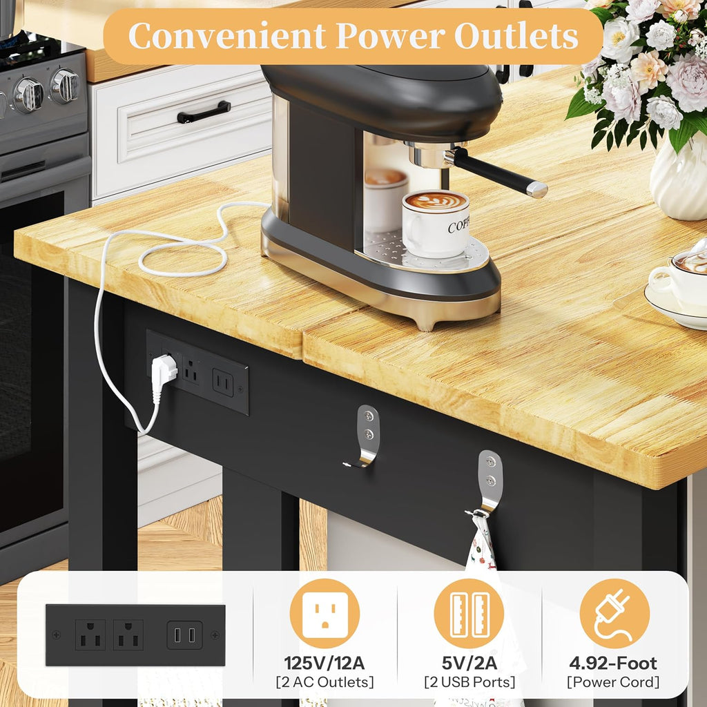 DynJest 60" Solid Rubberwood Kitchen Island with Storage & Leg Room, Black | Coffee Bar Buffet Cabinet w/ Fridge Space & Power Outlets, 2 Drawers & 6 Hooks, Large Countertop, for Home Office Dining Room