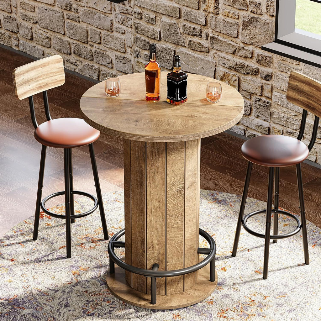 Tribesigns Round Bar Table, 39.4" H Wood Bistro Pub Table with Metal Ring Footrest for Dining Coffee Cocktail Living Room, Small Space, Light Brown (Only Table)