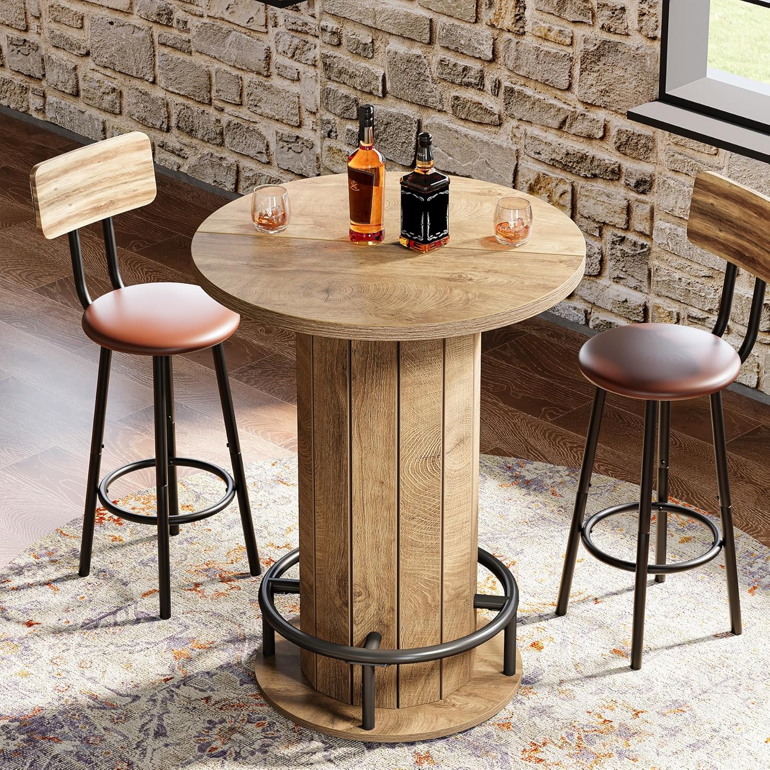 Tribesigns Round Bar Table, 39.4" H Wood Bistro Pub Table with Metal Ring Footrest for Dining Coffee Cocktail Living Room, Small Space, Light Brown (Only Table)
