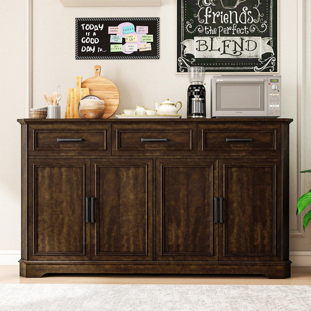 Farmhouse Buffet Sideboard with Storage, 64" Wood Credenza with 3 Drawers & 4 Doors, Walnut Cabinet for Kitchen, Entryway, Coffee Bar
