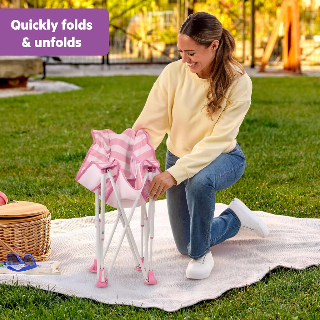 Bright Starts Pop ’N Chill Baby Chair Travel Seat, Indoor/Outdoor Use, Portable Infant Seat with Removable UPF 50+ Canopy, Pink, 0-6 Months