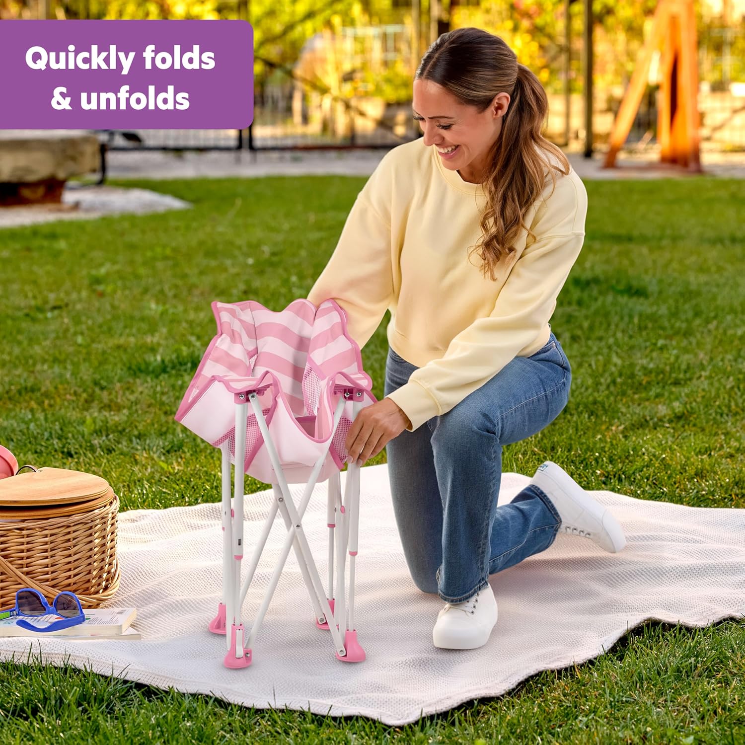 Bright Starts Pop ’N Chill Baby Chair Travel Seat, Indoor/Outdoor Use, Portable Infant Seat with Removable UPF 50+ Canopy, Pink, 0-6 Months