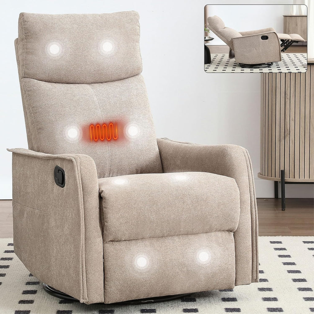 Rocker Recliner Chair for Adults, Swivel Rocker Recliner with Massage and Heat, Adjustable Glider Recliner Nursery Chair with Black Metal Base, Small Recliners for Small Spaces, Living Room (Khaki)