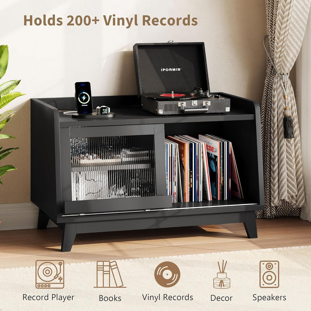 iPormis Record Player Stand with Vinyl Storage Up to 200 Albums, Record Player Table with Sliding Doors, Charging Station, Adjustable Shelf, Turntable Stand with Record Storage for Living Room, Black