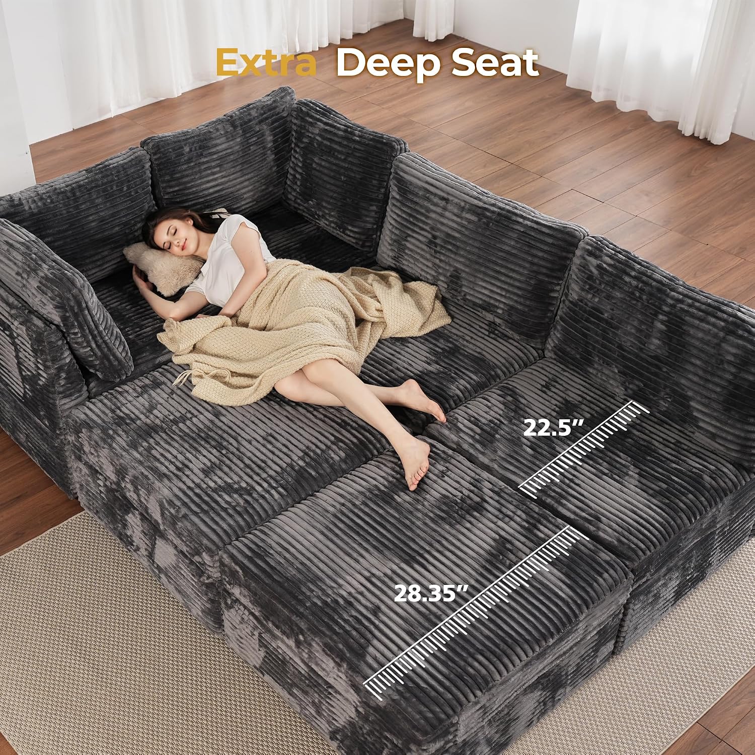 HOOOWOOO Cloud Sectional Couch,Modular L Shaped Sofa for Living Room,65x65 Free Combination 4 Seaters Couches Chaise Set with Ottomans(Wide Wale Plush Corduroy Charcoal Gray)
