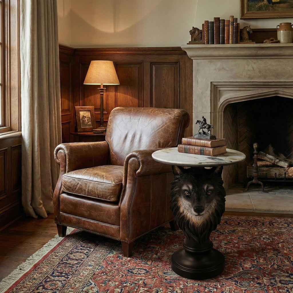 Modern Wolf Head Side Table, Artistic Animal Sculpture End Table with Faux Marble Top, Unique Fiberglass Accent Table for Living Room & Bedroom, Ideal Gift for Wolf Lovers (Realistic)
